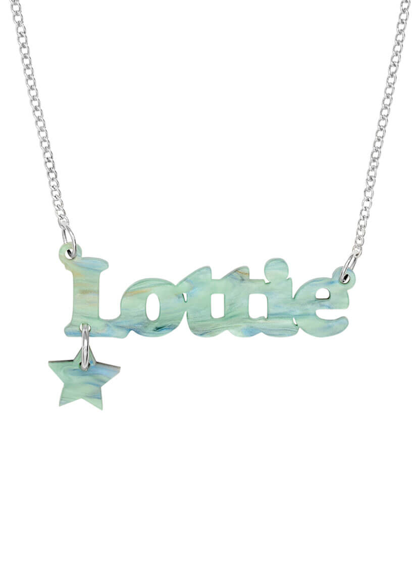 Acrylic customised Name Necklace with 'Lottie' pendant and star shaped charm, on a white background.