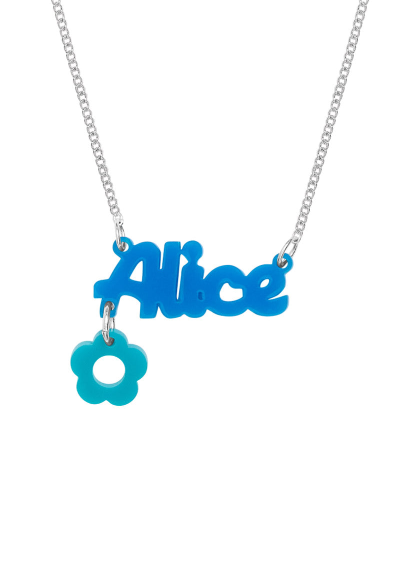 Custom personalised acrylic Name Necklace with blue 'Alice' name pendant  and a turquoise flower charm, on a silver chain, a white background.