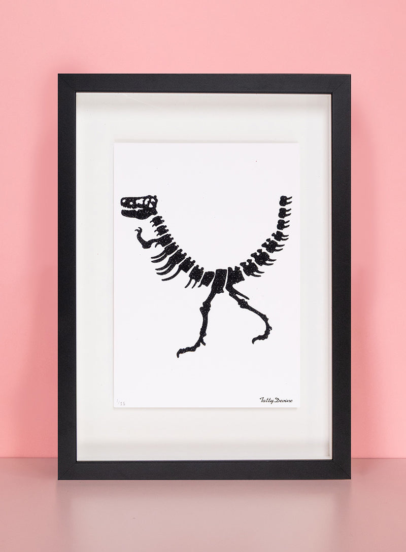 Dinosaur Art Print Black Glitter