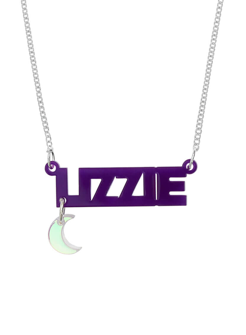 Tatty Devine Personalised Name Necklace with charm. It says 'Lizzie'.