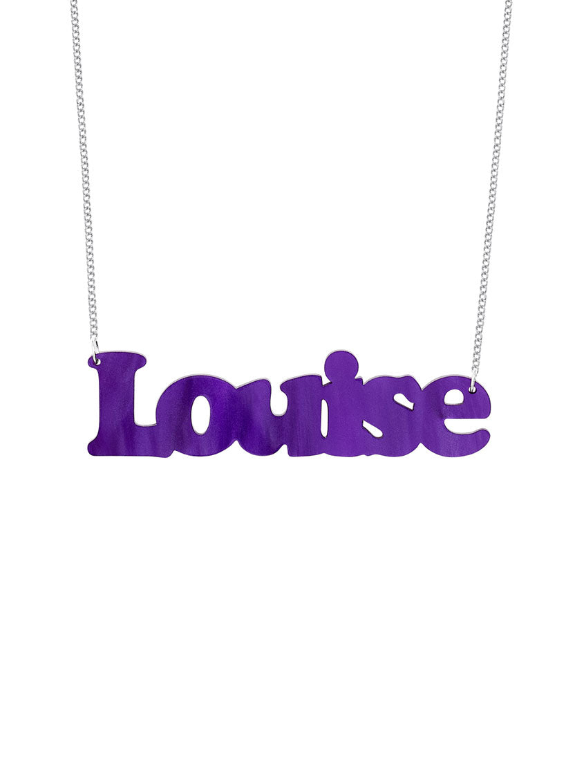 Personalised purple 'Louise' necklace on a white background.