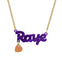 Personalised Name Necklace in limited edition Plum Pearl acrylic. The name is 'Raye', with a glitter heart charm, on a gold chain.