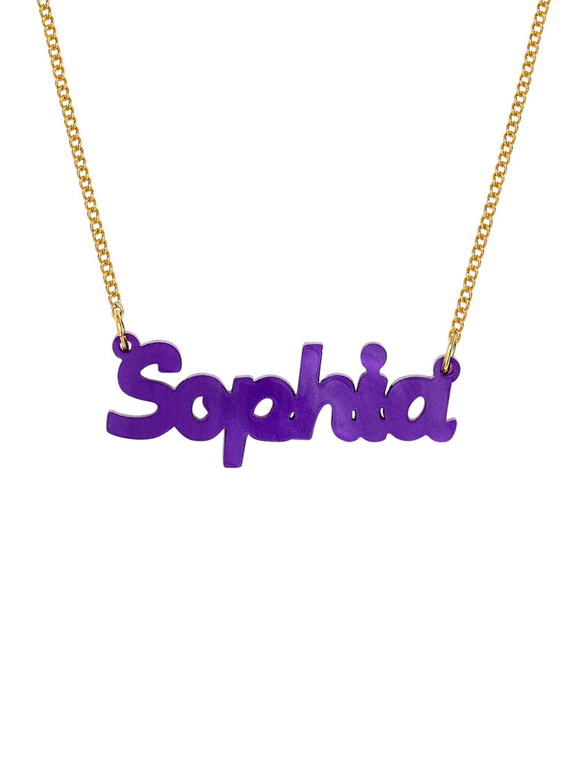 Personalised acrylic Name Necklace with a purple 'Sophia' pendant on a gold chain against a white background.