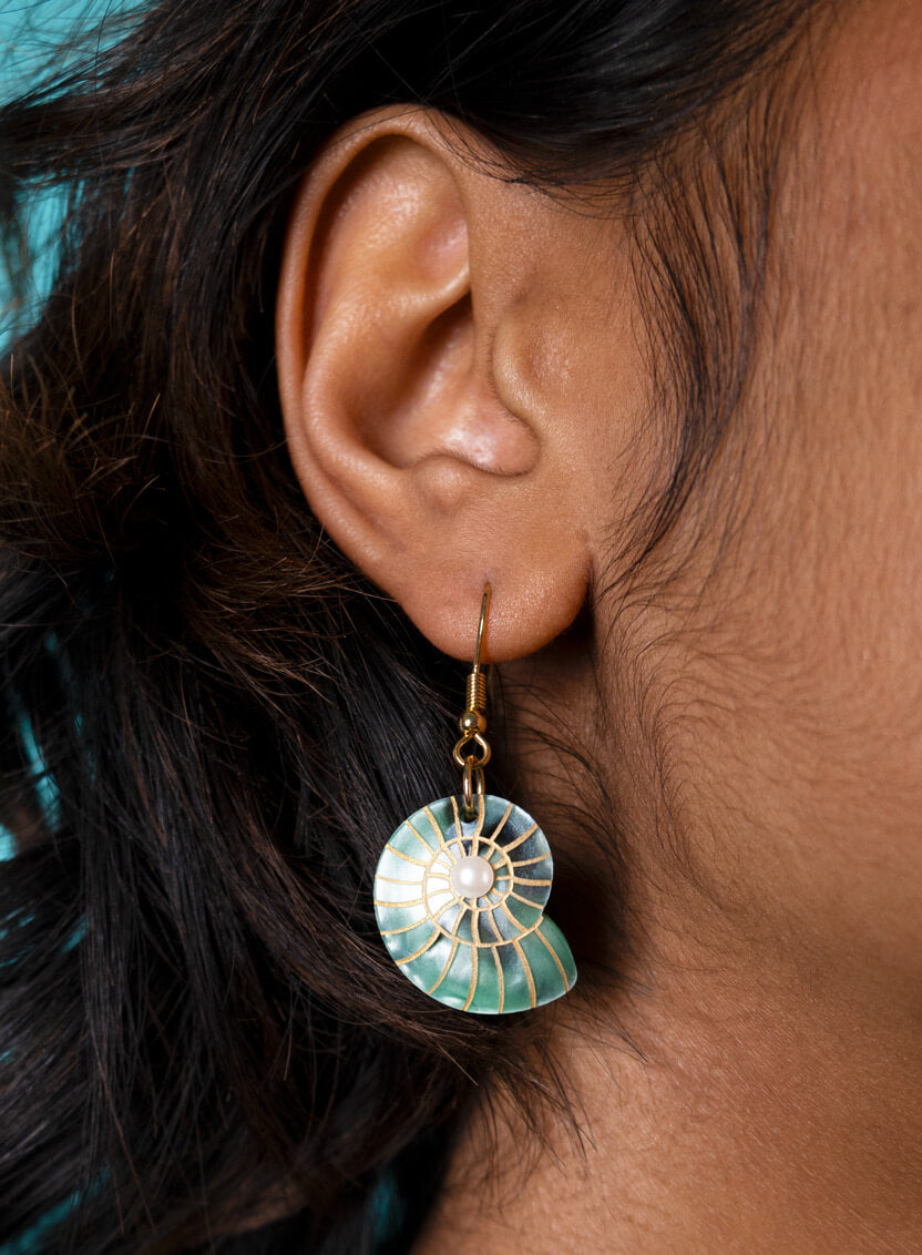 Spiral Shell Earrings Green Pearl