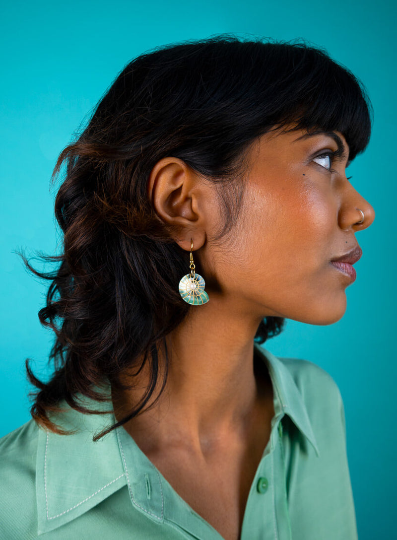 Spiral Shell Earrings Green Pearl