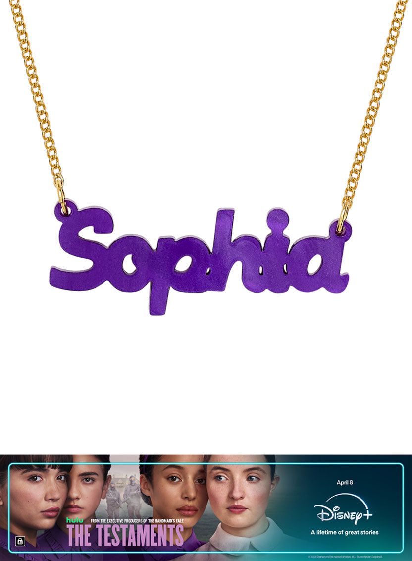 Name Necklace in limited edition Purple Plum colour that says 'Sophia'. There is a testaments banner at the bottom.