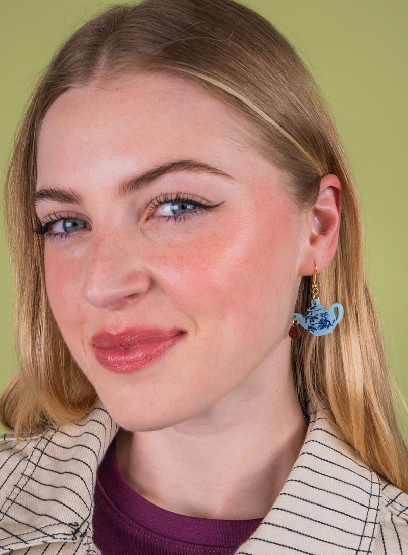 Vintage Teapot Earrings Blue