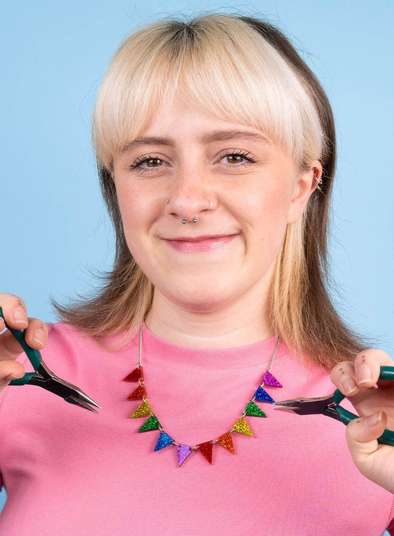Tatty Devine Bunting Necklace Kit - Glitter Rainbow - Silver Chain