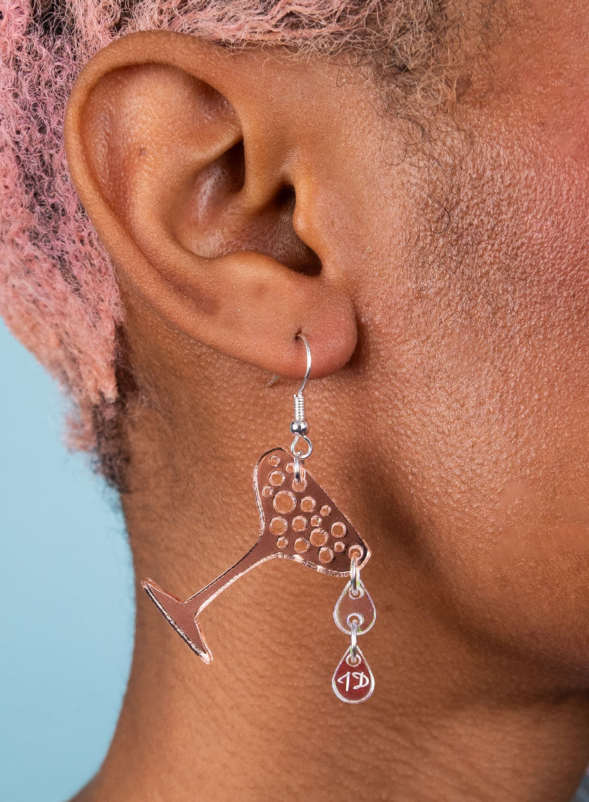 Rose Gold Champagne Glass Earrings with Iridescent Droplets