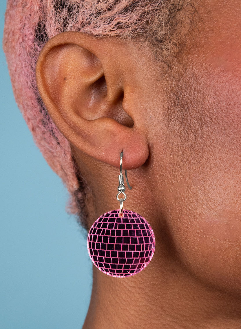 Disco Ball Earrings - Pink Mirror - Silver hooks.