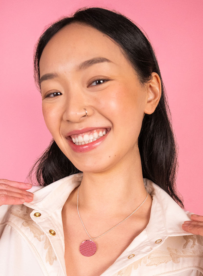 Disco Ball Pendant - Pink Mirror - Silver chain.