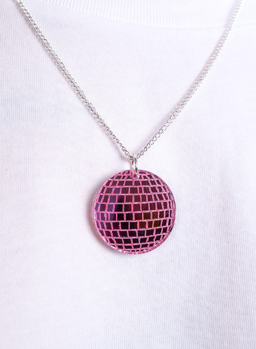 Disco Ball Pendant - Pink Mirror - Silver chain.