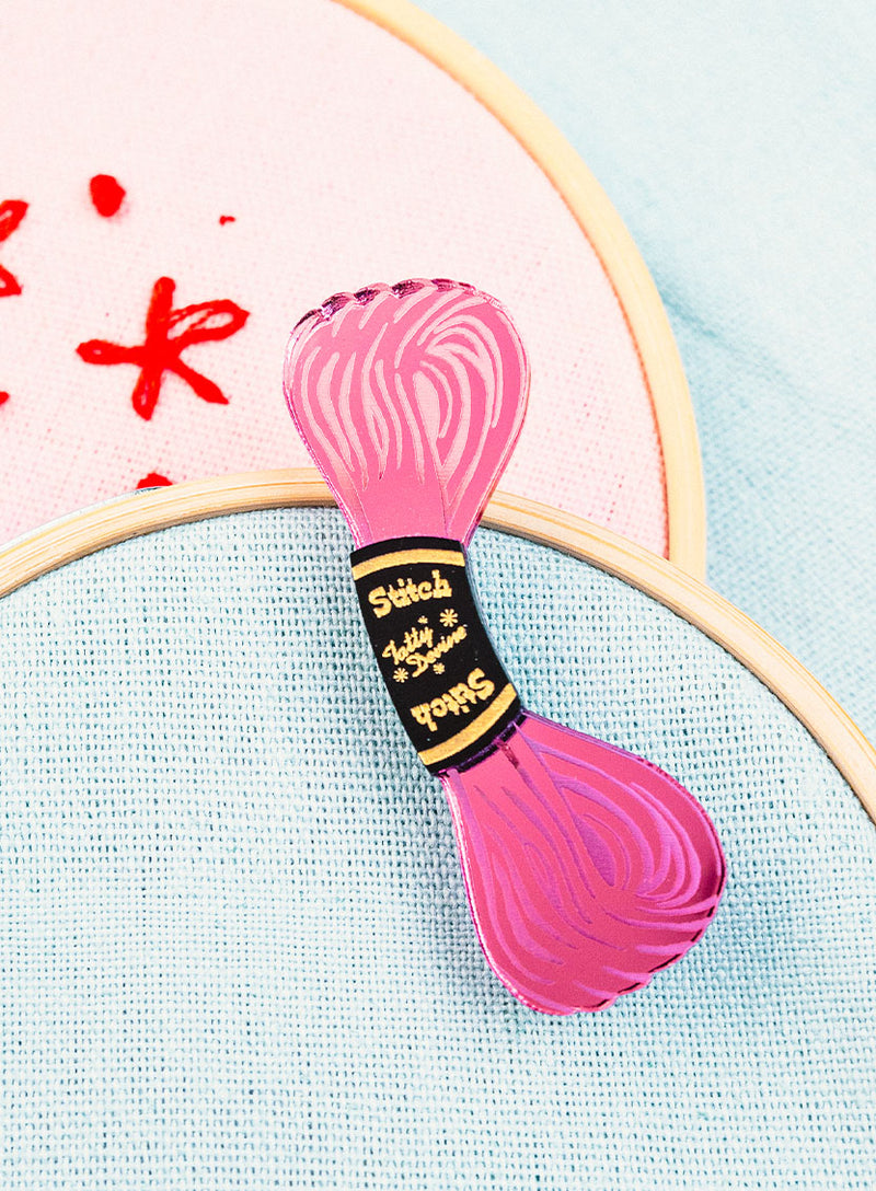 Pink Mirror Embroidery Thread Brooch made from acrylic