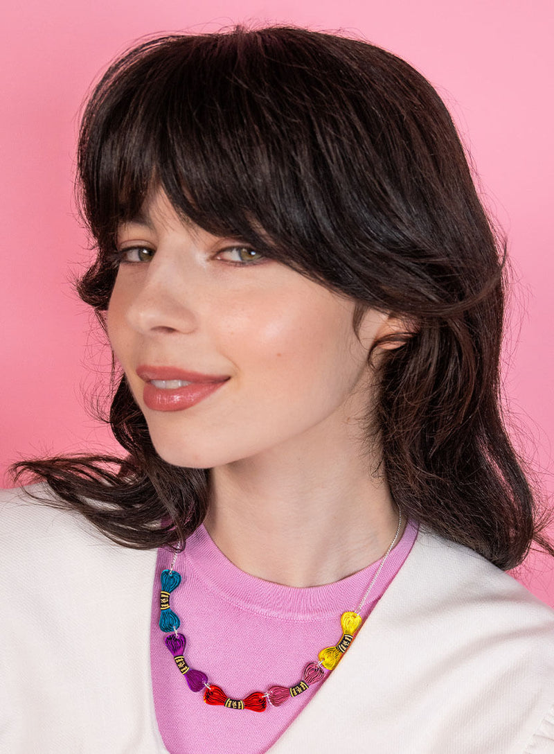 Embroidery Thread Necklace made from 5 different colours of mirror acrylic