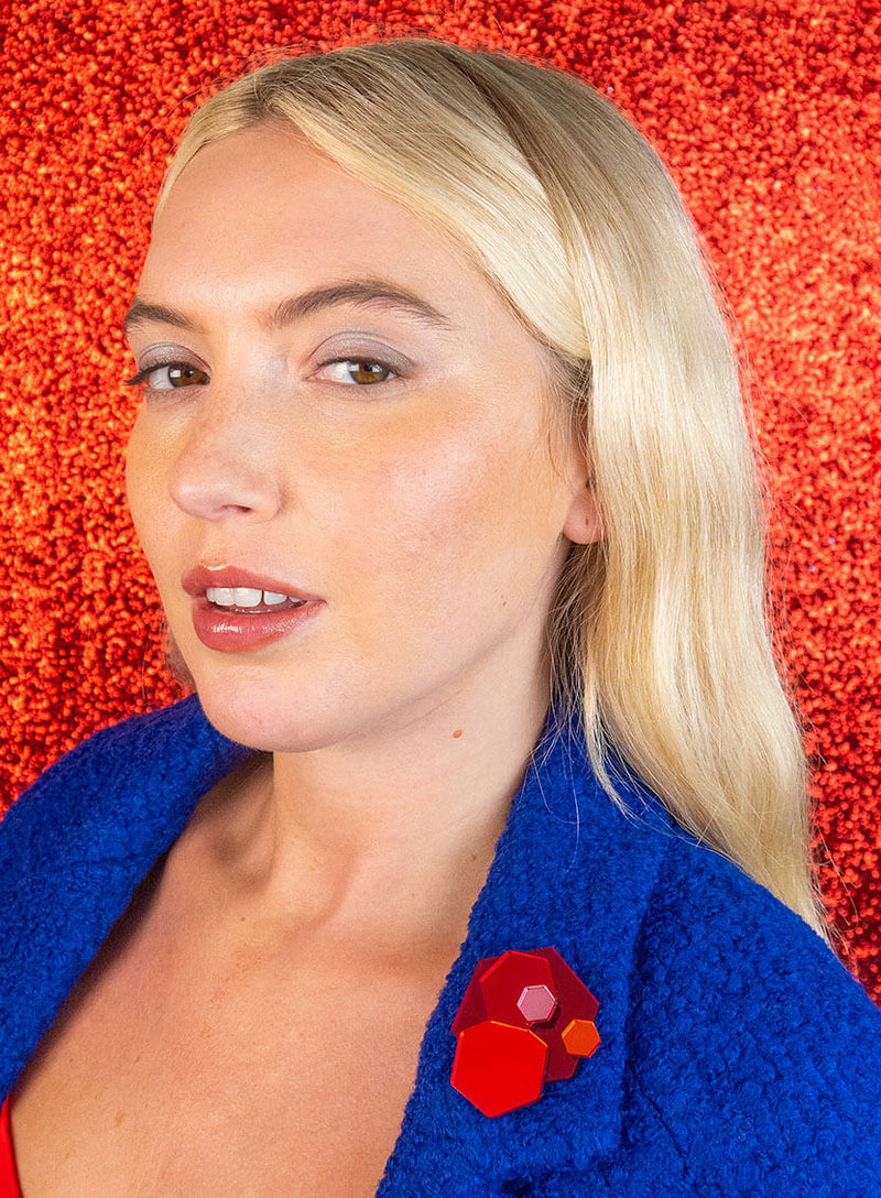 Geometric Glitter Party Brooch made from red acrylic