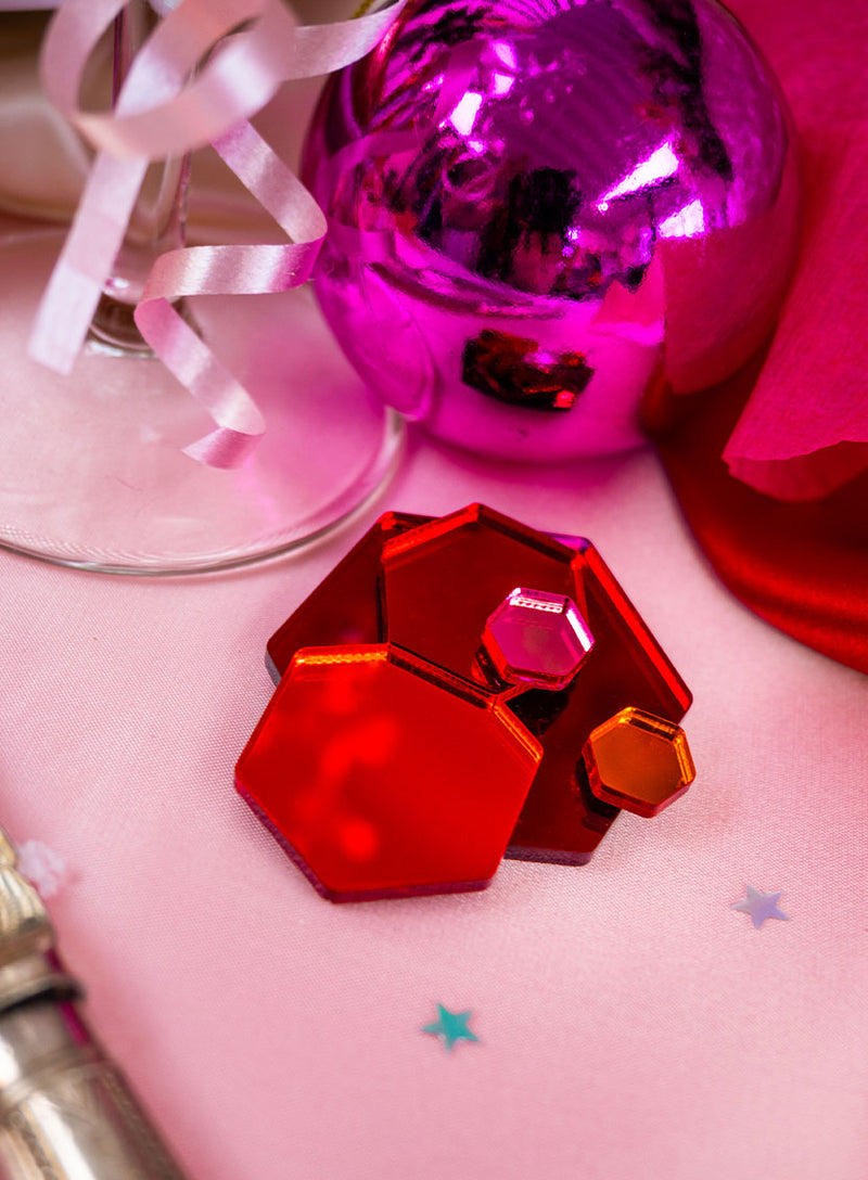 Geometric Glitter Party Brooch made from red acrylic