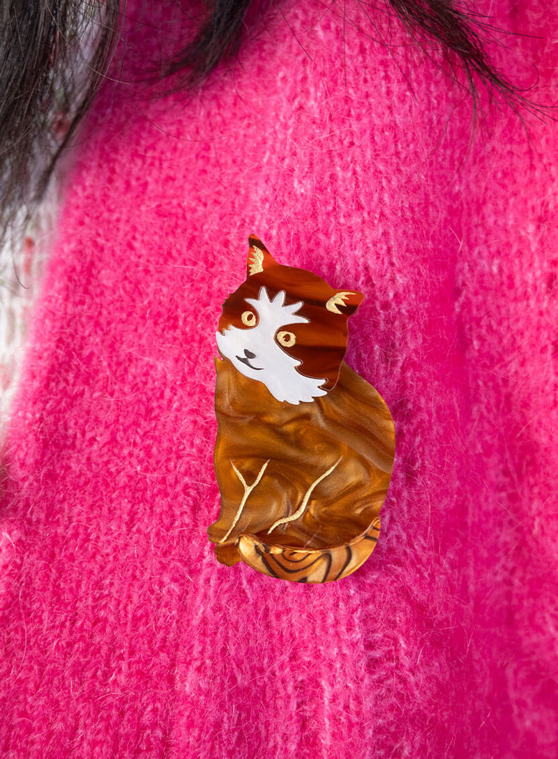 Brown Tortoiseshell Cat Brooch hand-inked with gold details and white face