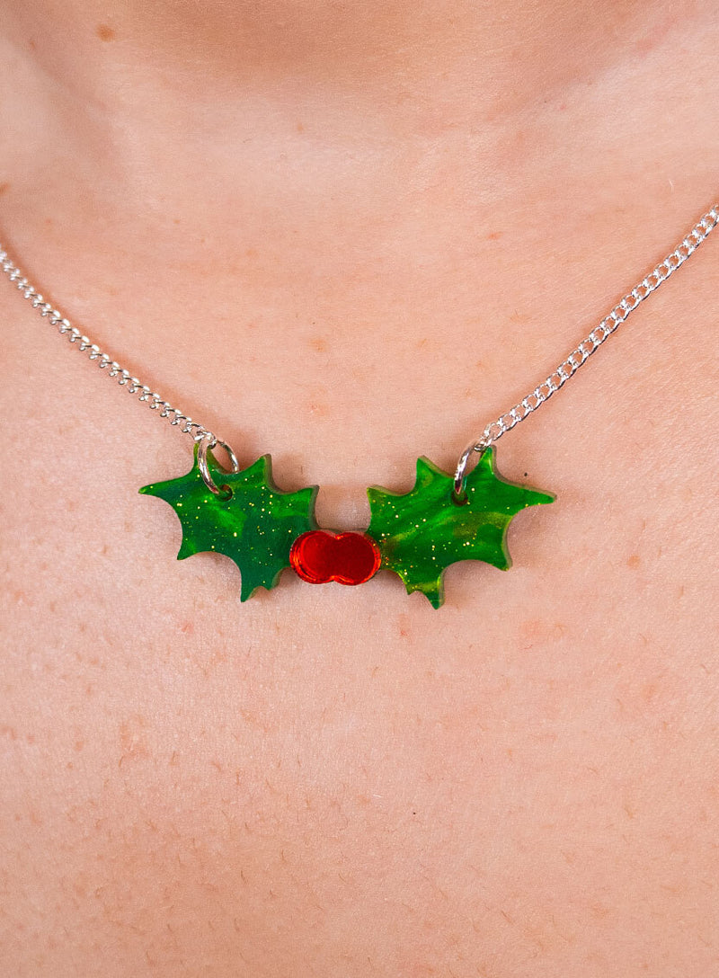 Holly necklace made from glitter-flecked acrylic