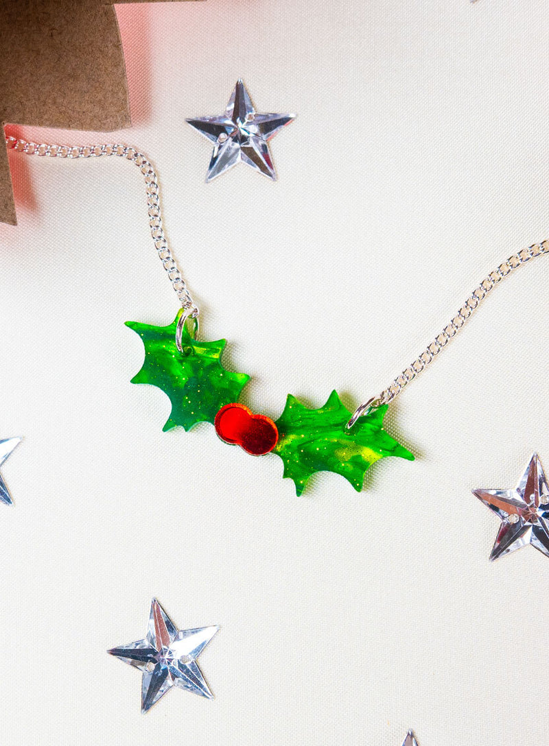 Holly necklace made from glitter-flecked acrylic