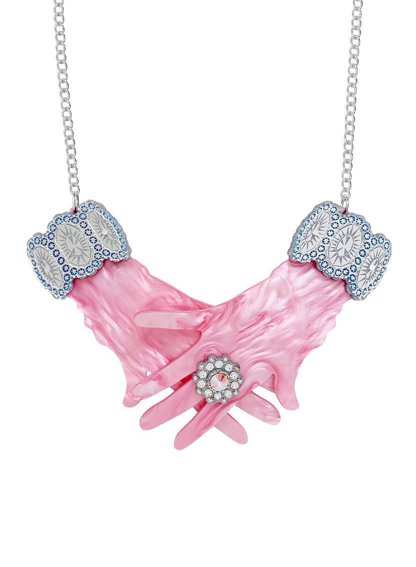 Hollywood Starlet Pink Pearlescent Gloves Necklace handmade from acrylic