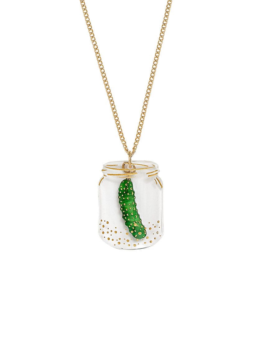 Green Gherkin In a Pickle Necklace with Clear Jar etched with gold inked details