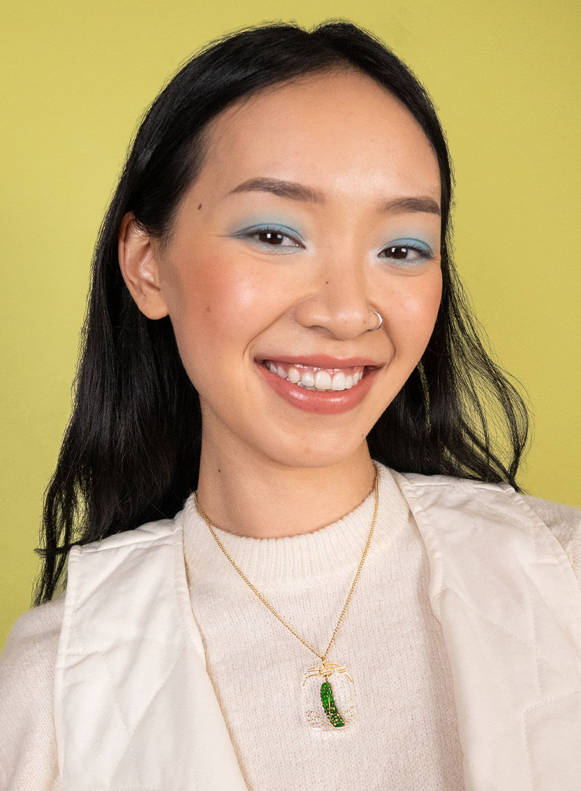 Green Gherkin In a Pickle Necklace with Clear Jar etched with gold inked details