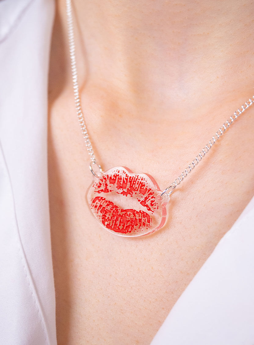 Lipstick mark necklace etched and inked on recycled clear acrylic