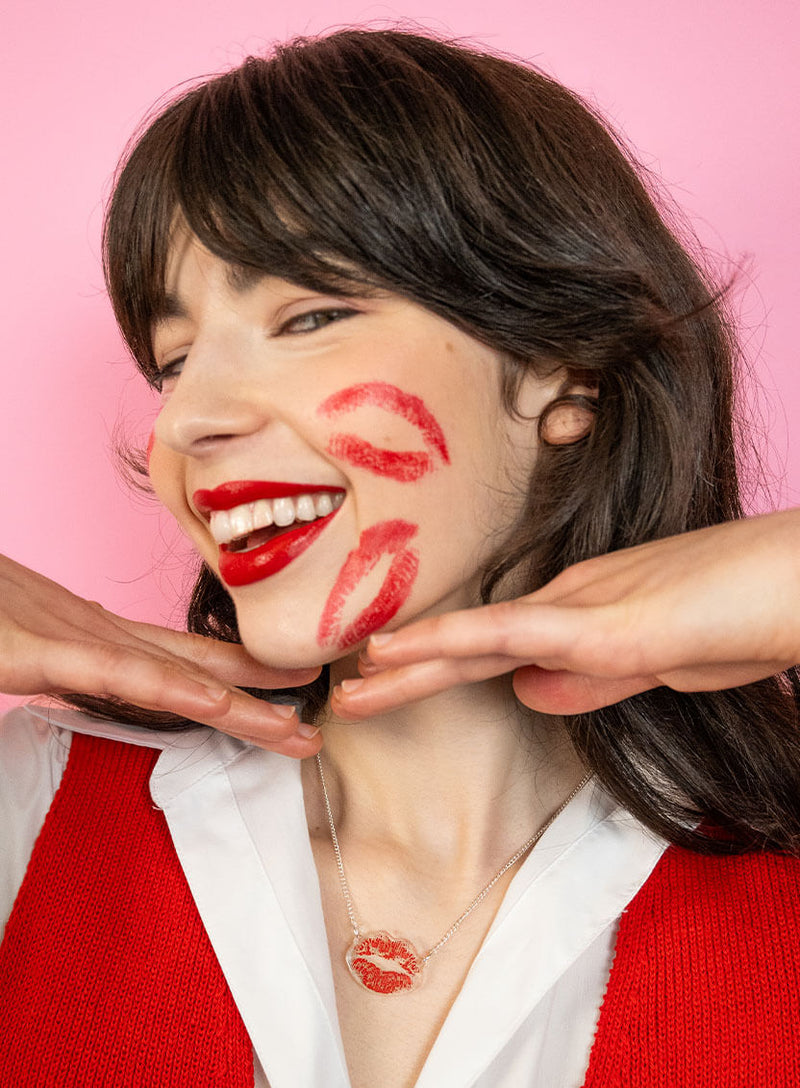 Lipstick mark necklace etched and inked on recycled clear acrylic