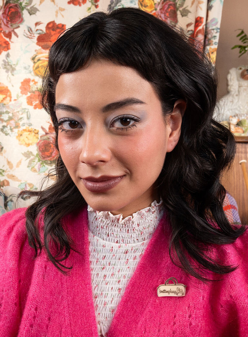 Knitting Bag Brooch worn by our Tea Cosy model wearing a pink fluffy cardi