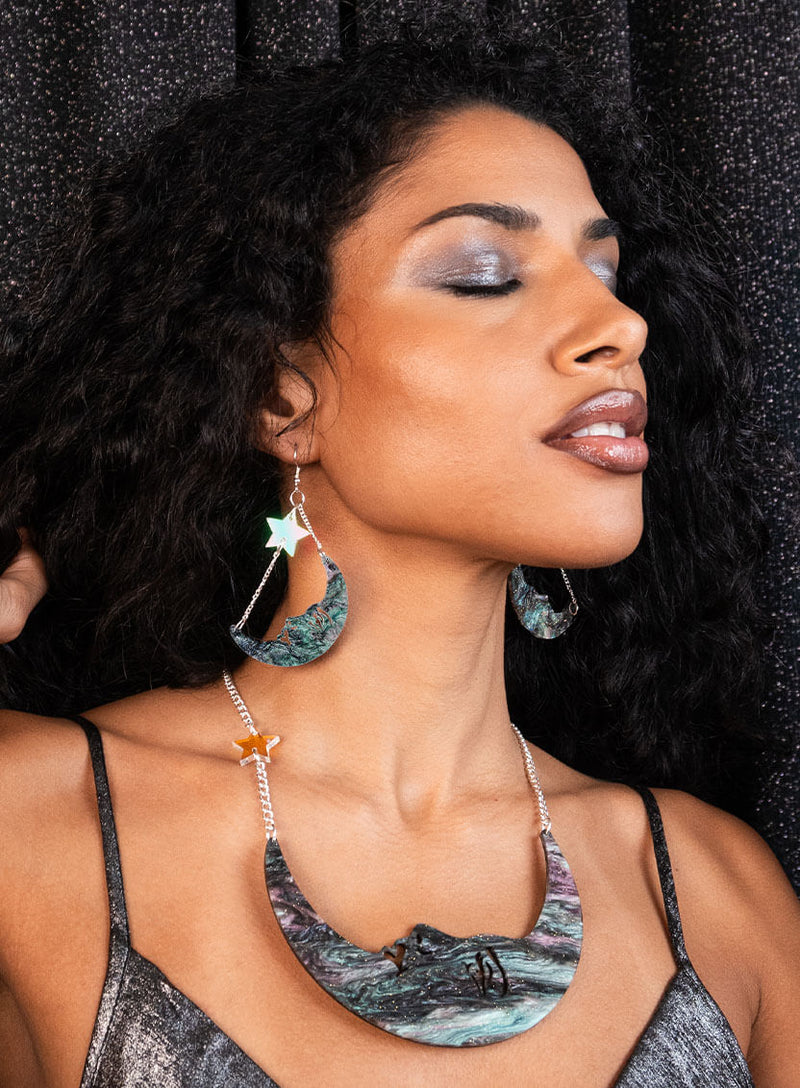 Moon and star chain drop earrings and statement necklace handmade from galaxy swirl acrylic