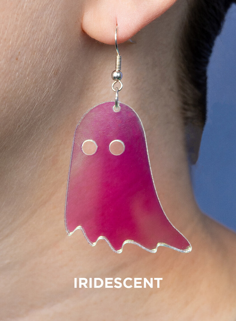 Big Ghost Earrings made with iridescent acrylic
