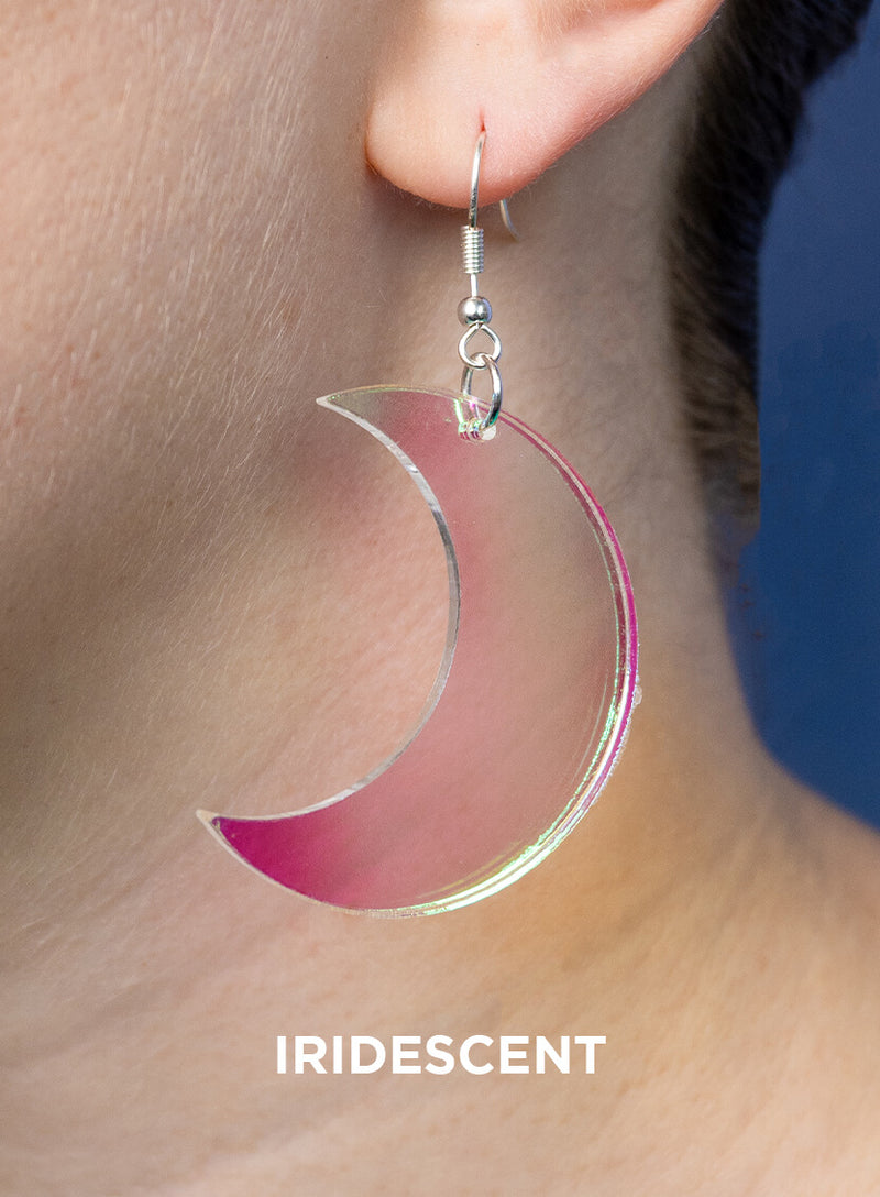 Large moon earrings made from iridescent acrylic