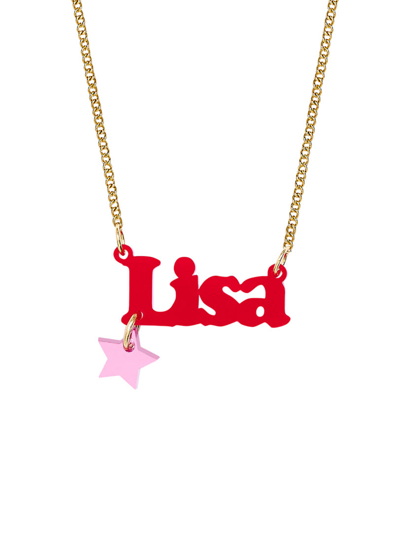 Custom Tatty Devine Name Necklace with a red 'Lisa' name and pink star charm on a white background.