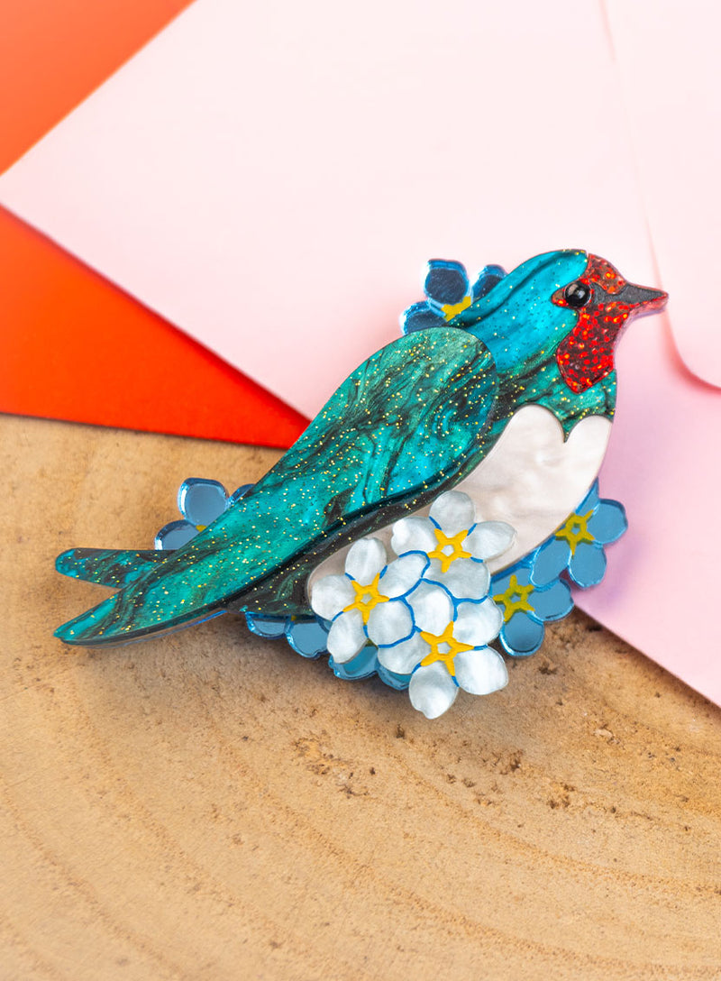 Love Bird Brooch handmade from glitter-flecked acrylic