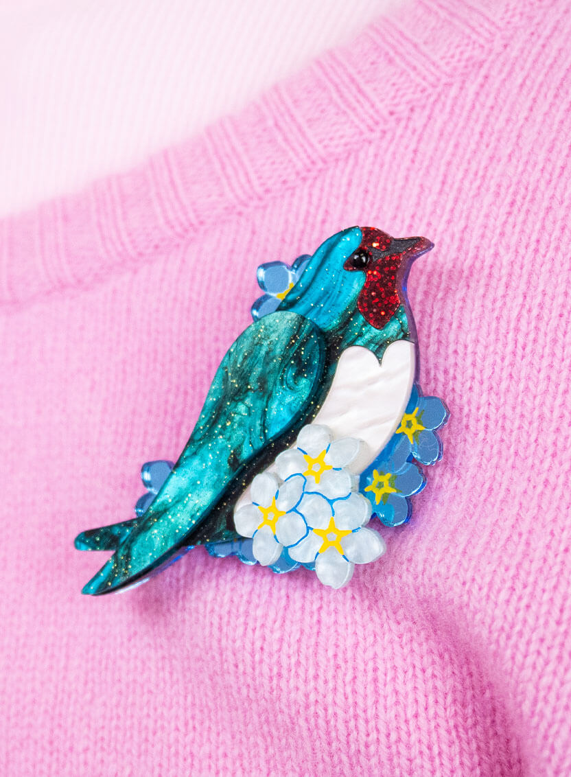 Love Bird Brooch handmade from glitter-flecked acrylic