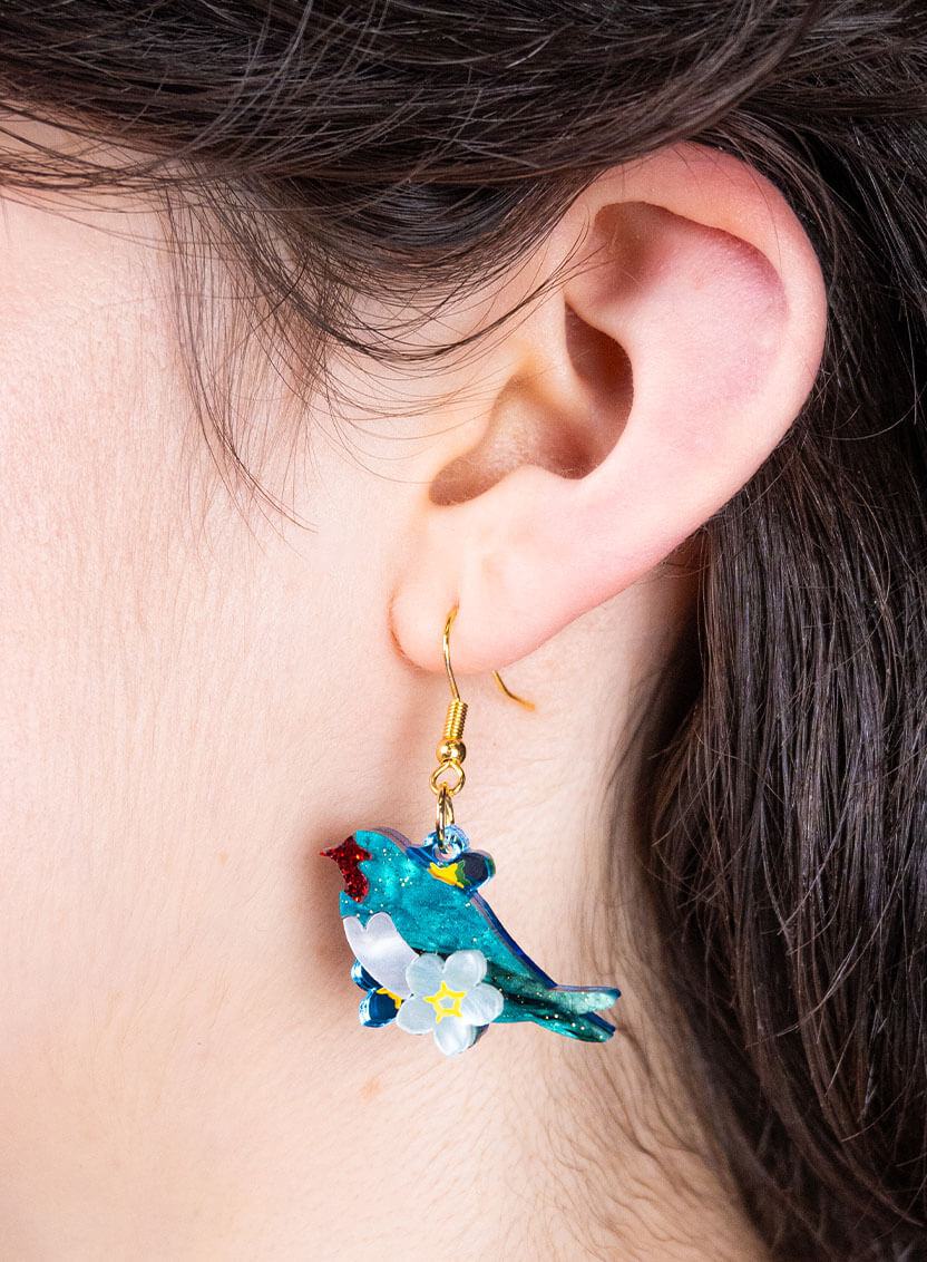 Love Bird Earrings handmade from glitter-flecked acrylic