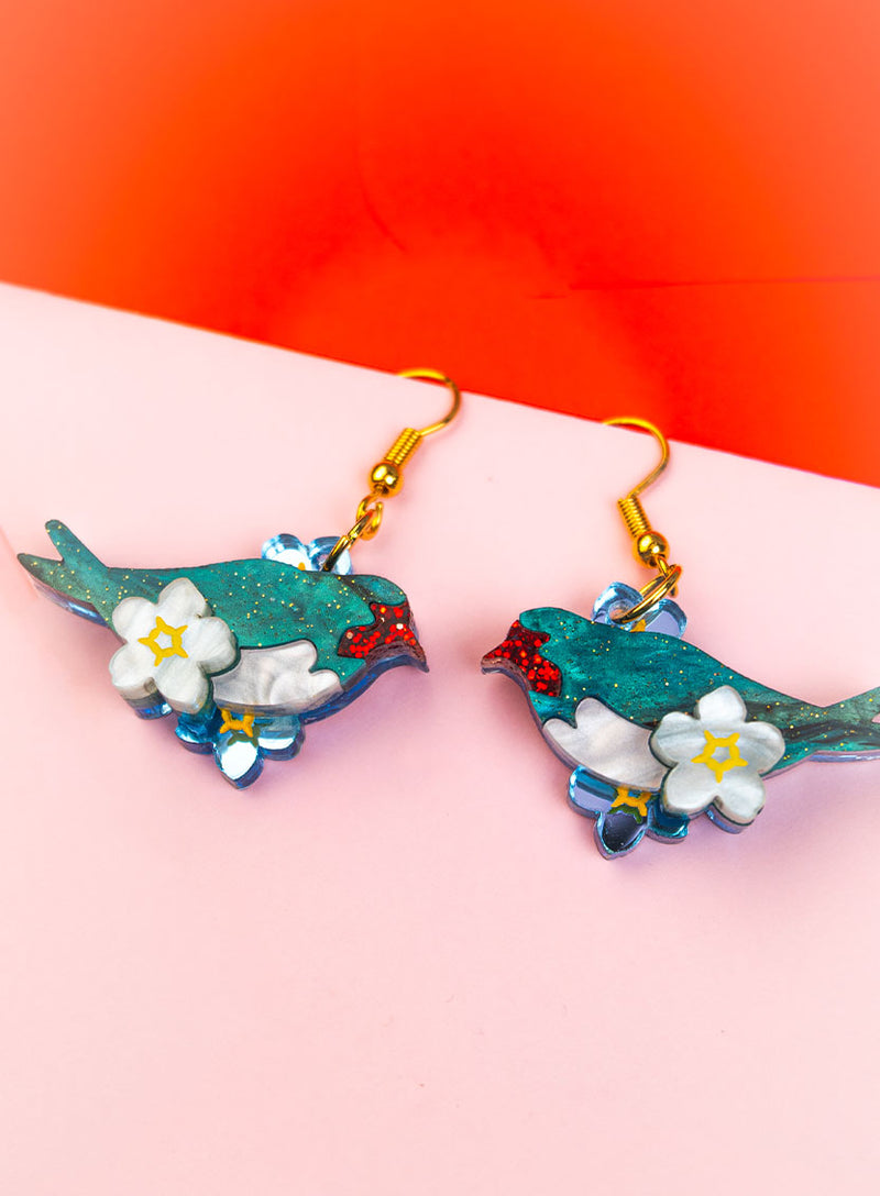 Love Bird Earrings handmade from glitter-flecked acrylic