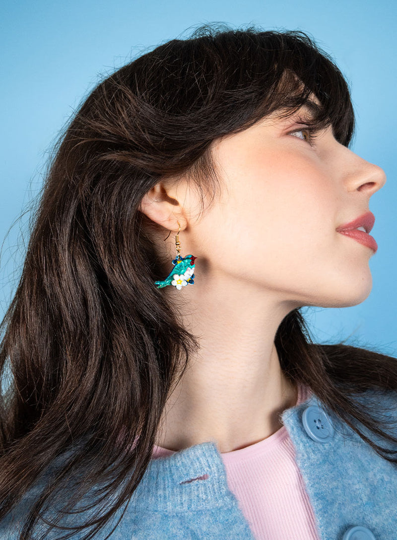 Love Bird Earrings handmade from glitter-flecked acrylic