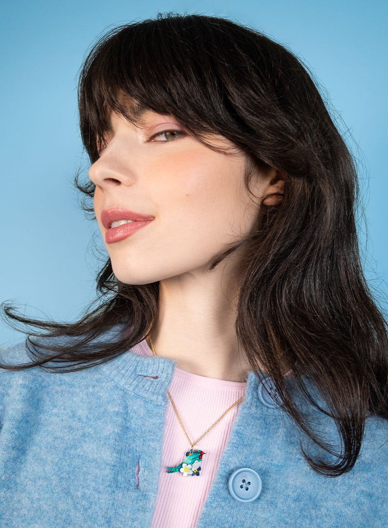 Love Bird Pendant handmade from glitter-flecked acrylic