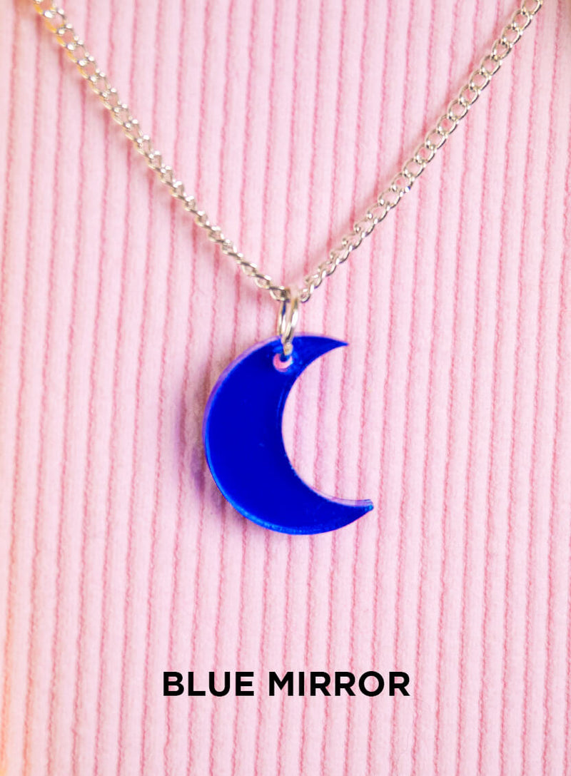 Small Moon Necklace made from blue mirror acrylic