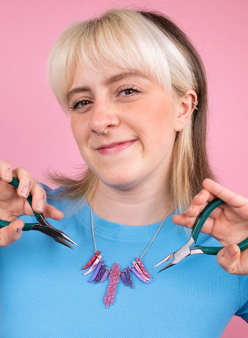 Tatty Devine Parakeet Necklace Kit - Pink and Purple - Silver Chain