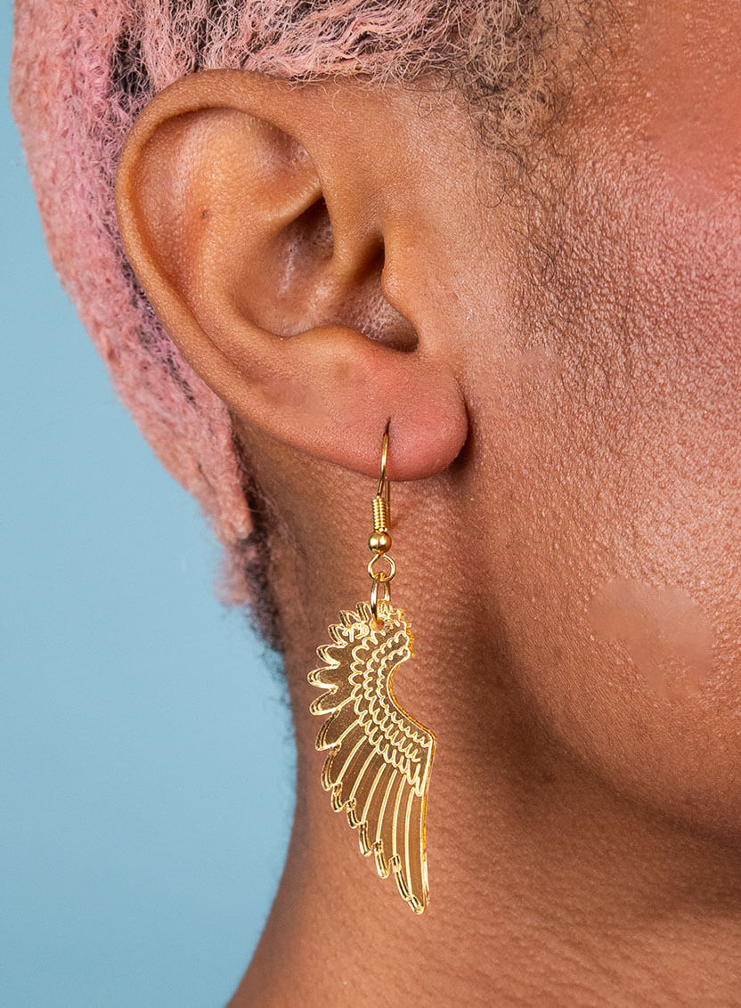 Gold mirror acrylic wing drop earrings