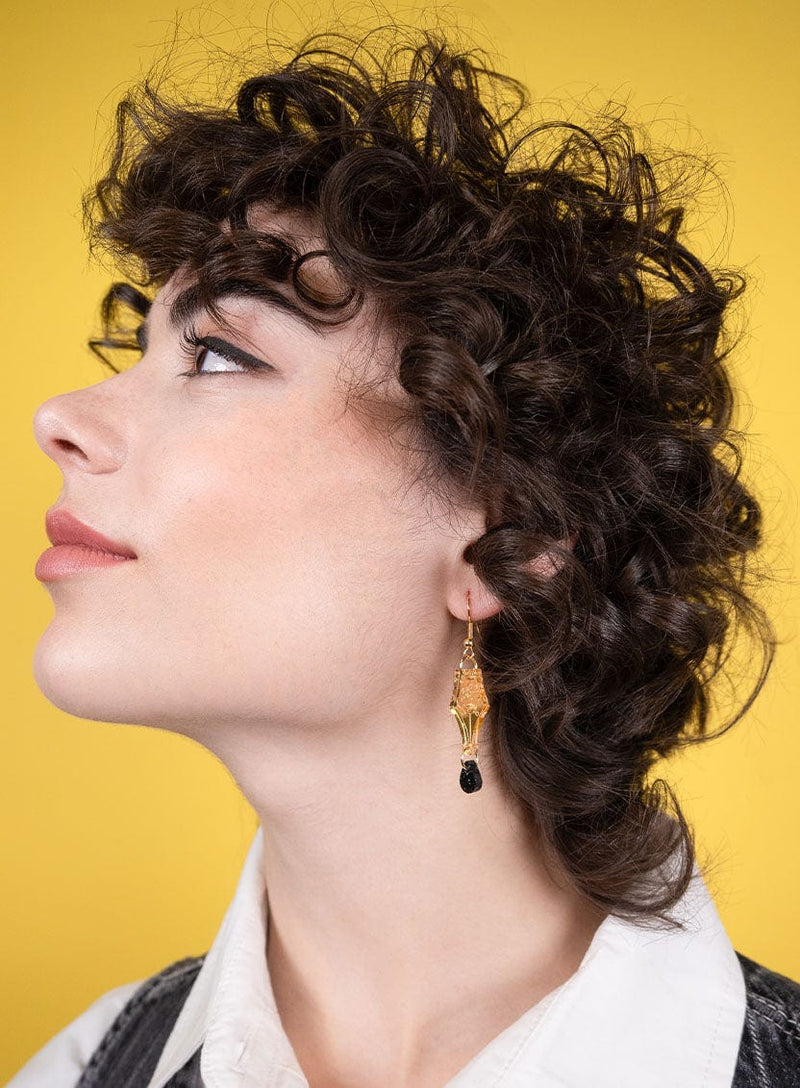 Gold Mirror Acrylic Pen Nib Earrings with Black Glitter Ink Drop