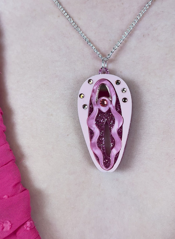 Vulva Necklace - Pink Glitter Acrylic with Crystals