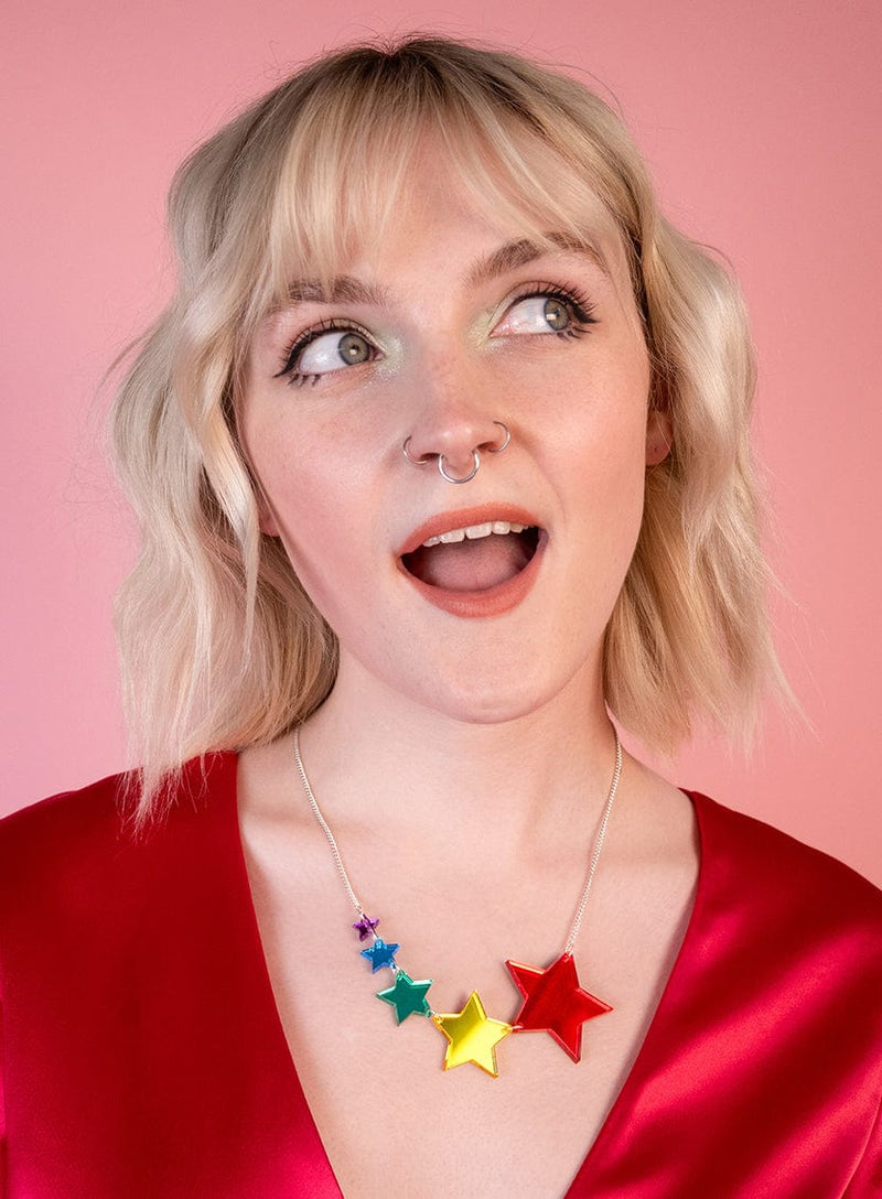 Shooting Star Necklace handmade from multi coloured mirror acrylic stars