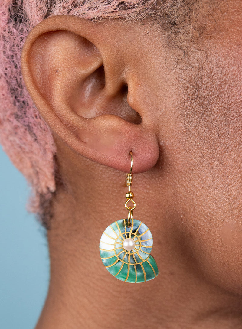 Spiral Shell Earrings - Green Pearl