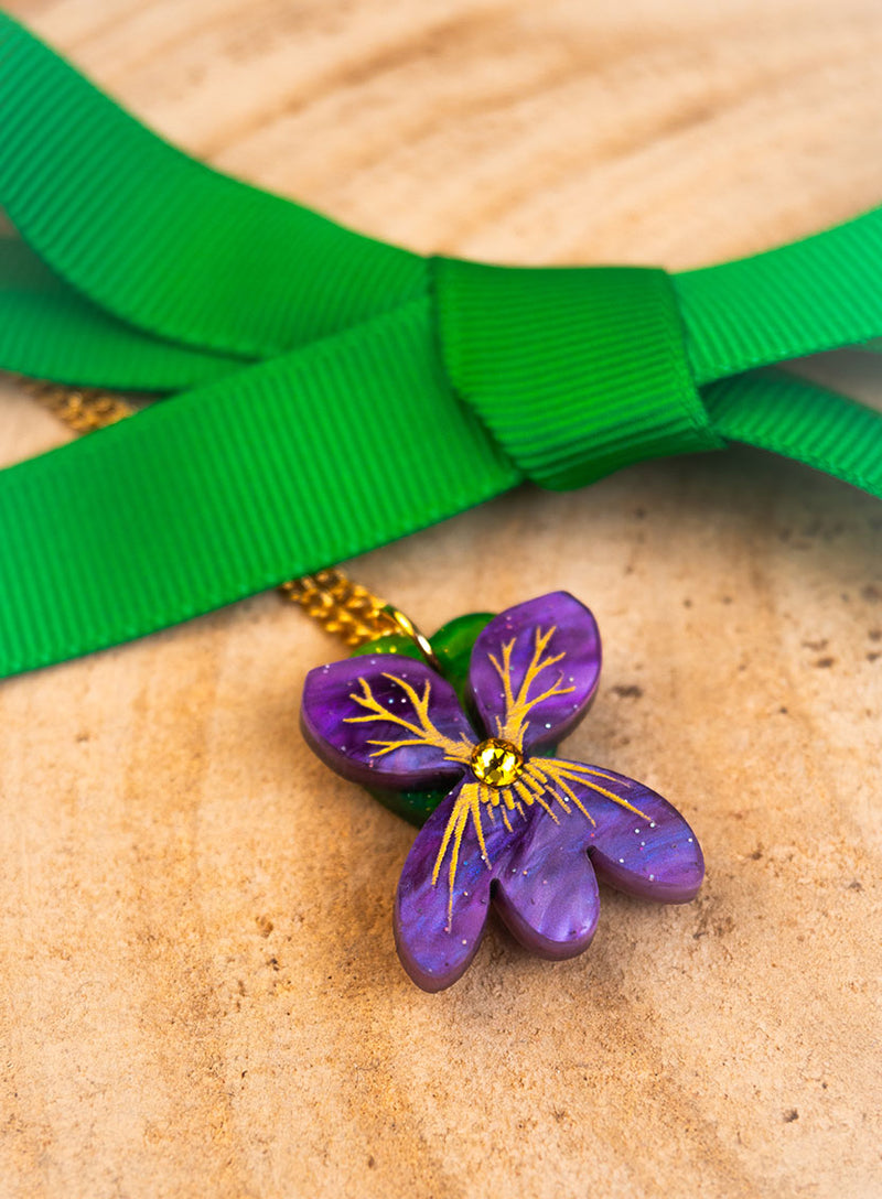 Sweet Violet Flower Pendant handmade from glitter-flecked acrylic with crystal accents