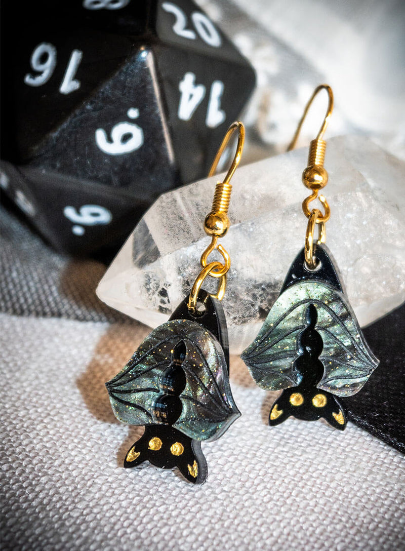 Close up details of the acrylic on our Vampire Bat Earrings