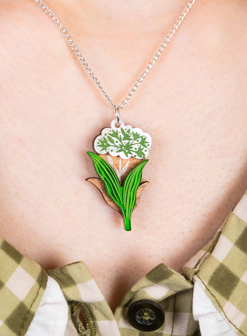 Wild Garlic Pendant handmade from wood and acrylic with etched details