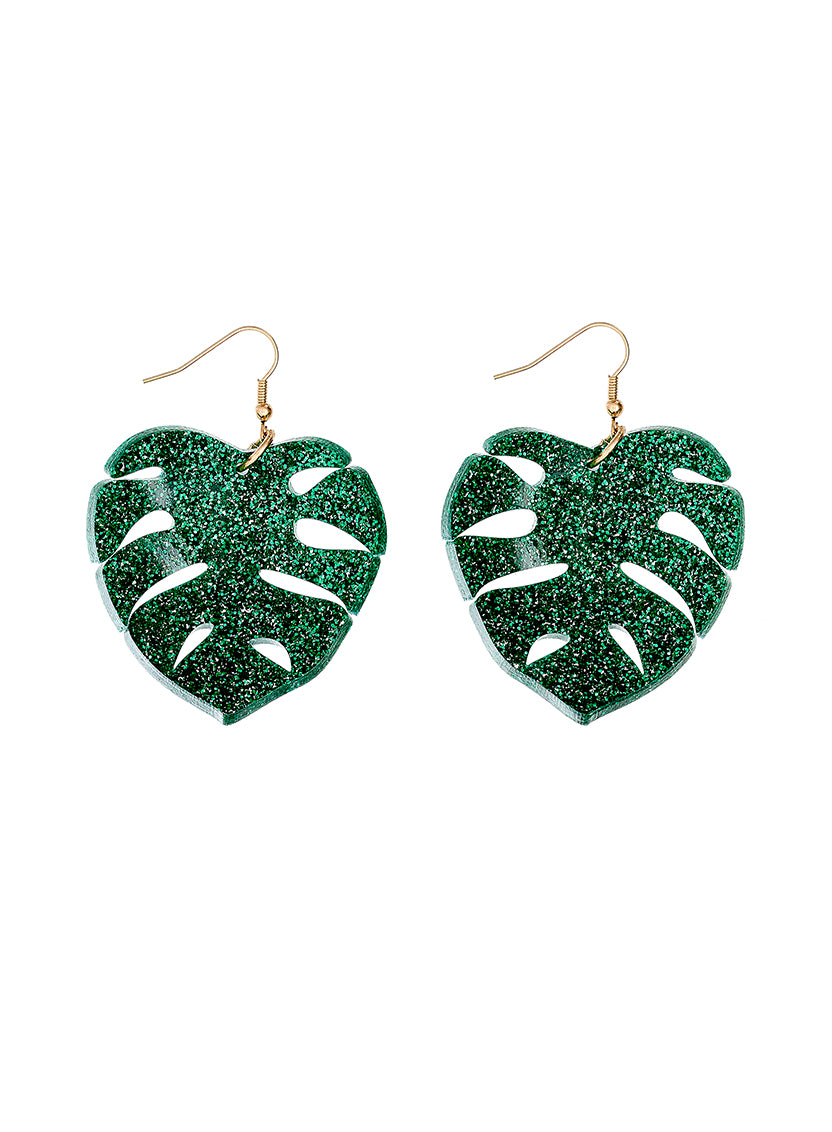 Tropical Leaves Earrings - Glitter Green